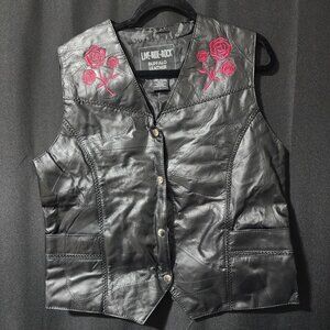 LIVE RIDE ROCK Buffalo Leather Biker Vest Women's Black Embroidered Roses